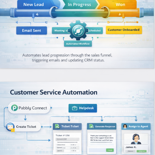 No-code automation workflow builder showing connected modules used to create an automated messaging and payment system